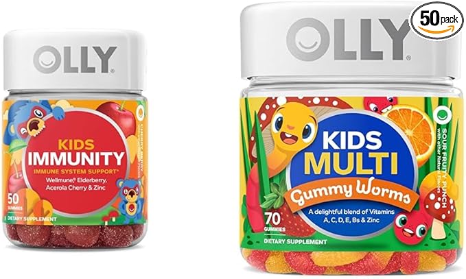 OLLY Kids Immunity Gummy, Immune Support, Wellmune, Elderberry, Vitamin C, Zinc & Kids Multivitamin Gummy Worms, Overall Health and Immune Support, Vitamins and Minerals A, C, D