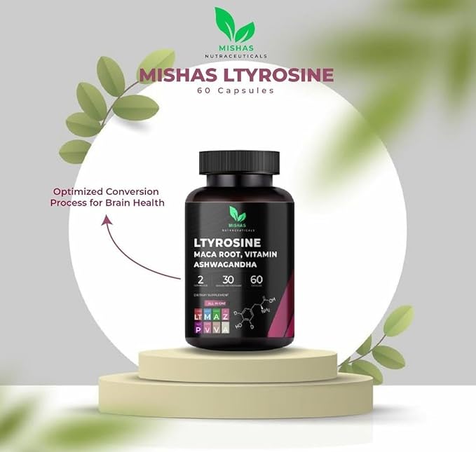 Nutraceuticals L-Tyrosine with Maca Root, Ashwagandha, Vitamins Complex, 60 Capsules, 30 Servings
