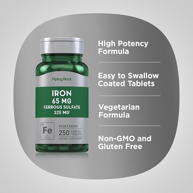 Piping Rock Iron Ferrous Sulfate 65 mg | 250 Tablets | Iron Supplement | High Potency Formula | Vegetarian, Non-GMO, Gluten Free