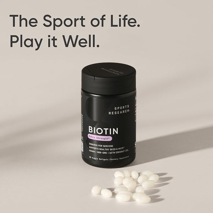 Sports Research Extra Strength Vegan Biotin (Vitamin B) Supplement with Organic Coconut Oil - Supports Keratin for Healthier Hair & Skin - Great for Women & Men - 5,000mcg, 30 Veggie Softgel Capsules