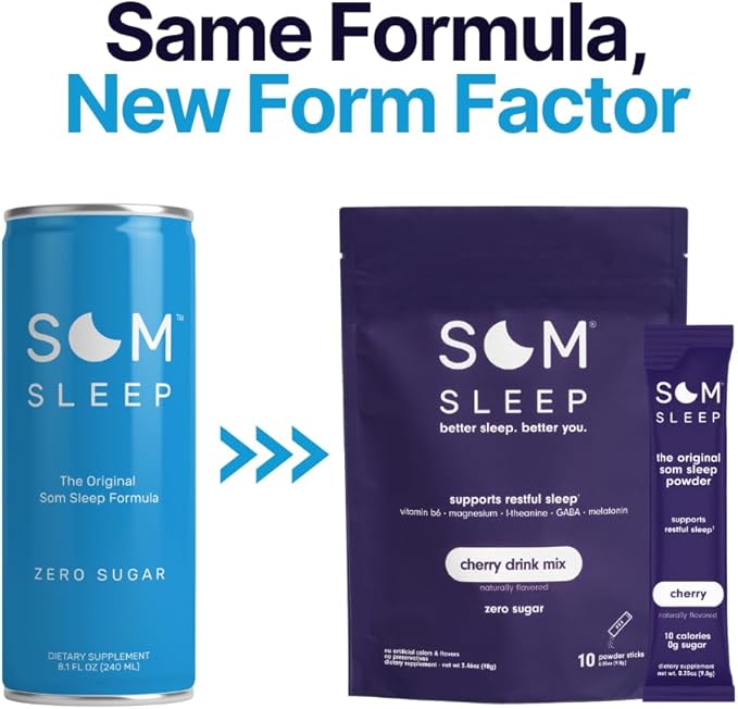 Som Sleep, Restful Sleep Powder Drink Mix w/Melatonin, Magnesium, Vitamin B6, L-Theanine & GABA – Vegan, Zero Sugar, Keto Friendly – Cherry, 10-Pack