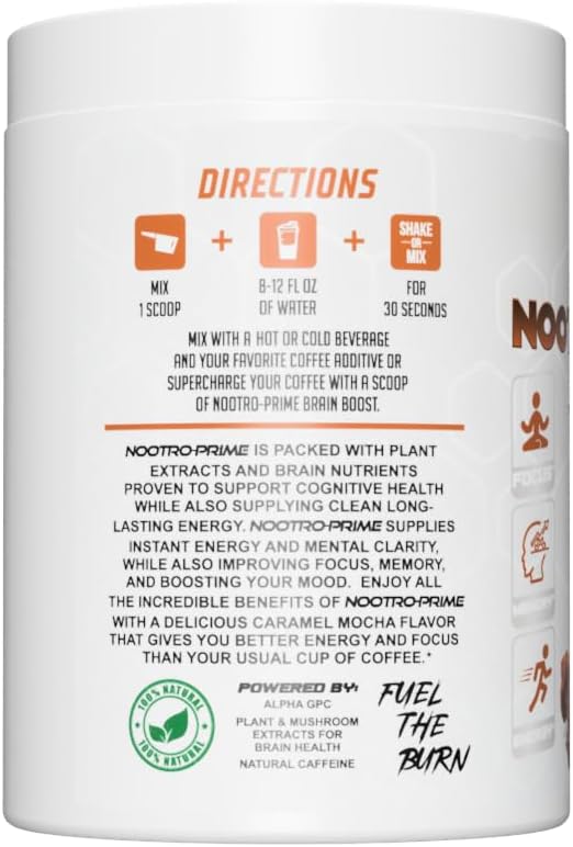 GMU SPORT Nootro-Prime Brain Boost - Focus Brain Supplement - Mushroom Supplement Powder with Alpha GPC, Nootropic Brain Supplements for Memory and Focus with Lions Mane, 30 Servings, Caramel Mocha