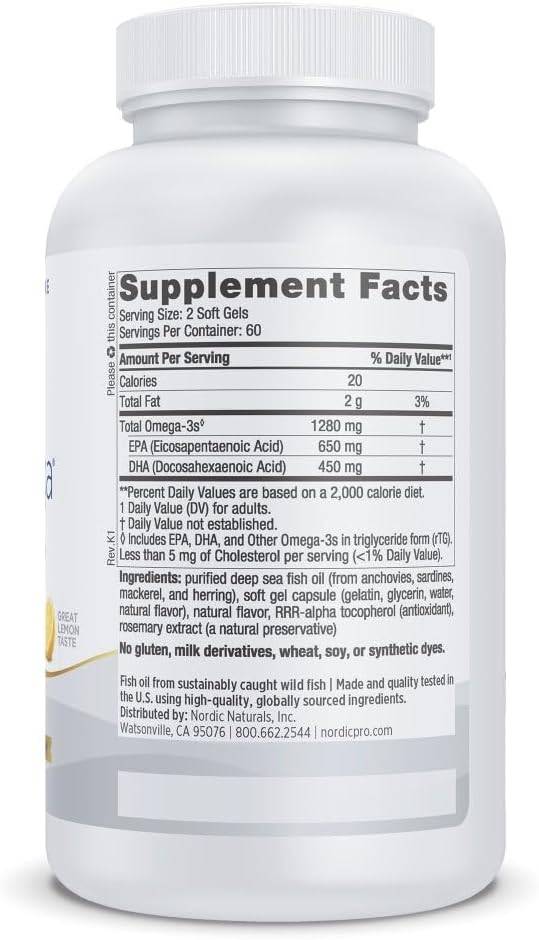 Nordic Naturals ProOmega, Lemon Flavor - 120 Soft Gels - 1280 mg Omega-3 - High Potency Fish Oil with EPA & DHA - Promotes Brain, Eye, Heart, & Immune Health - Non-GMO - 60 Servings