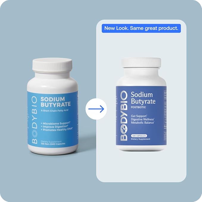 BodyBio Butyrate Supplement - Postbiotic for Gut Microbiome Health, Digestion and Regulation Support - Butyric Acid with Sodium - 100 Capsules