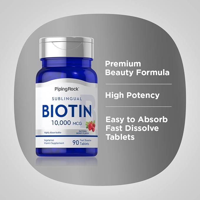Piping Rock Biotin 10000mcg Fast Dissolve Tablets | 90 Count | Berry Flavor Sublingual Pills | Max Strength and High Absorption | Vegetarian, Non-GMO, Gluten Free Supplement
