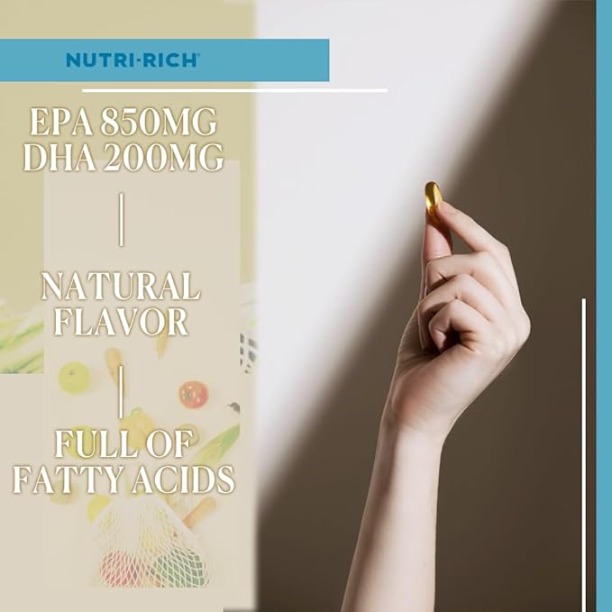 Nutri-Rich Mega EPA + DHA Fish Oil Softgels Norwegian Sustainable Omega 3 Supplements Fatty Acids, Gluten-Free, Burp-Free, Lemon Flavor, 1,210 mg Omega for Heart Health Support (60 Count)