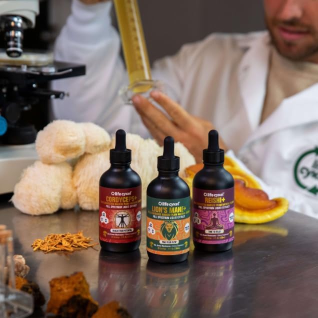 Lifecykel Professional Athletes Pack - Reishi, Lions Mane & Cordyceps Mushroom Extract- Full-Spectrum Mushroom Tincture for Energy, Focus and Immune Health- Vegan, Non-GMO Formula