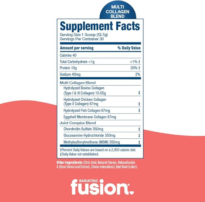 Bariatric Fusion Strawberry Banana Multi Collagen Protein Powder | Plus Joint Support Complex of MSM and Glucosamine | Dairy, Gluten & Soy Free | Non-GMO | 30 Servings