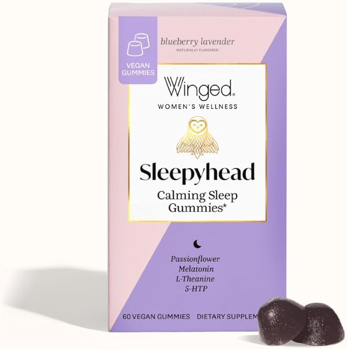 Winged Sleepyhead Gummies | Non-Habit Forming Natural Sleep Supplement | 8 Powerful Nutrients with Melatonin, L-Theanine, 5-HTP, Passionflower & Lemon Balm | Blueberry Lavender Flavor (90 Servings)
