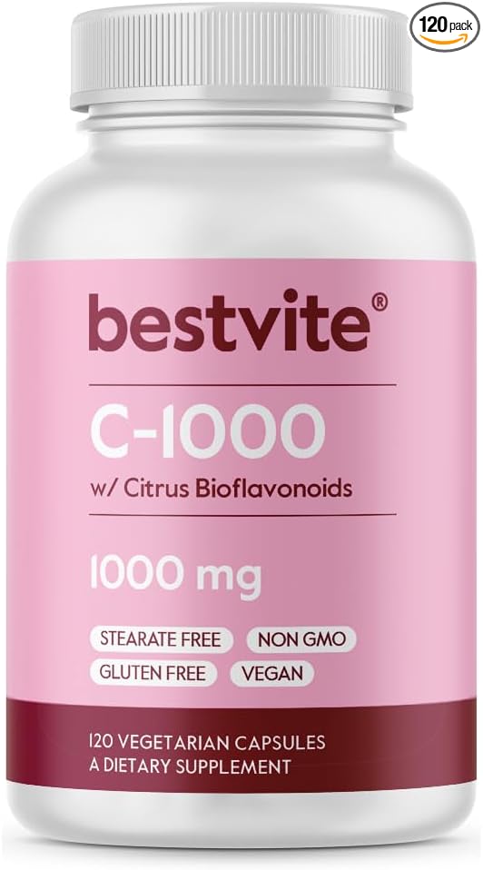 BESTVITE Vitamin C 1000mg (120 Vegetarian Capsules) with Citrus Bioflavinoids - No Stearates - Vegan - Non GMO - Gluten Free
