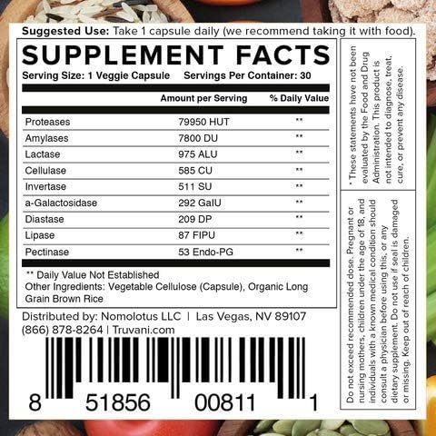 Truvani Digestive Enzymes | 9 Enzyme Blend | Digestive Support | Reduce Bloating | Increased Nutrient Absorption | Non-GMO Capsules| 30 Day Supply