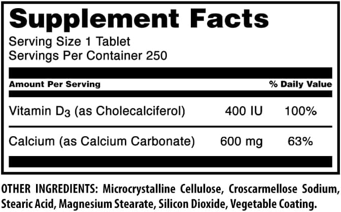 Amazing Formulas Calcium 600 Mg Plus Vitamin D3 400 IU Tablets | Non-GMO Supplement | Gluten Free | Made in USA (250, Tablets)