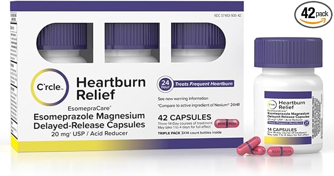 C'rcle Esomeprazole Magnesium 20mg (42 Ct, Three 14 Day Courses) - Antacid Pills Delayed-Release Capsules, Acid Reducer Pills for Frequent Heartburn Relief - Antacids for Acid Reflux Medicine