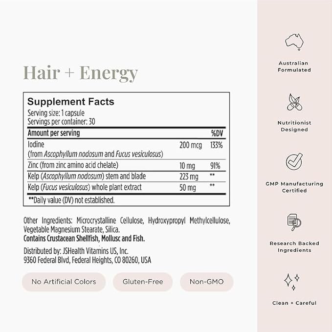 JSHealth Vitamins Hair and Energy Formula - Hair & Scalp Support Supplement with Iodine and Zinc - 30 Capsules