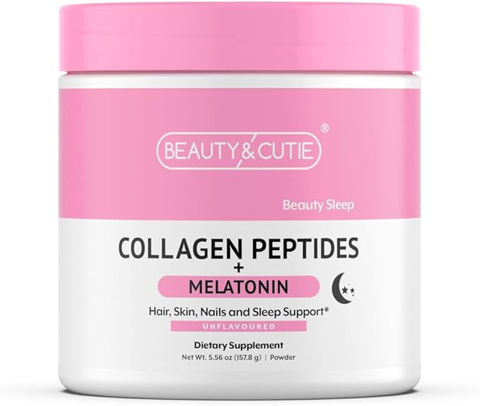 Melatonin 5 mg with Collagen Peptides Powder, Grass Fed, Hair, Skin, Nails and Sleep Support, Non GMO, Gluten Free, Unflavored, 5.56 oz