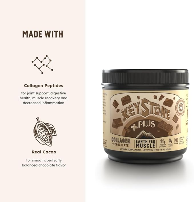 Earth Fed Muscle Keystone Plus Chocolate Collagen - Hair, Skin, Joints, 30 Servings