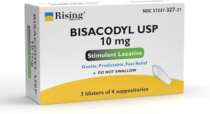 Rising Health - Fast Relief Medicated Laxative Suppositories - Rectal Use Only, Bisacodyl 10 mg - Stimulant Laxative - Constipation Relief - Works in 15 Minutes to 1 Hour (12 Count, 12, Count)