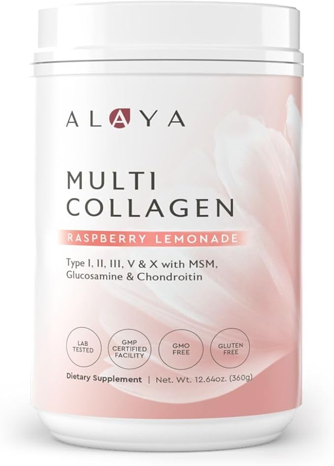 Alaya Multi Collagen Powder - Type I, II, III, V, X Hydrolyzed Collagen Peptides Protein Powder Supplement with MSM + GC (Raspberry Lemonade)
