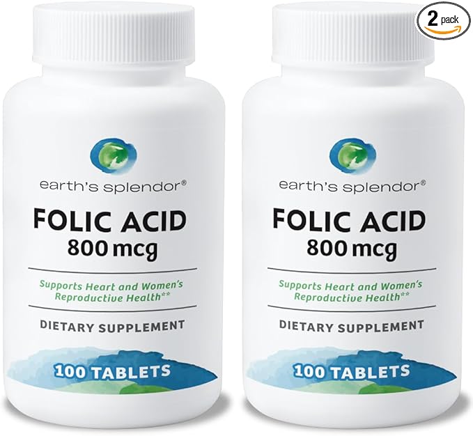 Earth's Splendor Folic Acid 800 mcg Dietary Supplement, Supports Heart Health, Supports Women's Reproductive Health, Smooth Coated Tablets (800 mcg, 200 Tablets, Pack of 2)