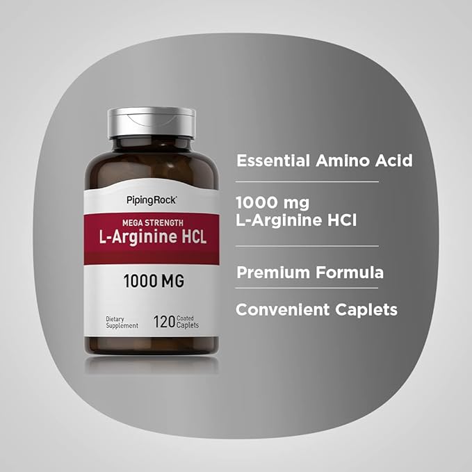 Piping Rock L-Arginine HCl 1000 mg | 120 Caplets | Mega Strength Supplement | Vegetarian, Non-GMO, Gluten Free