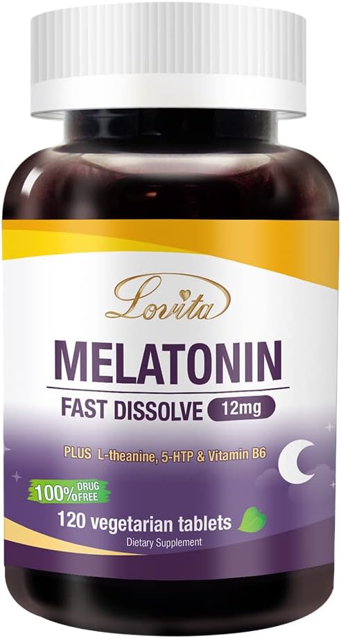 Lovita Melatonin 12 mg Fast Dissolve Tablets, Exclusive Formula with Vitamin B6, L-Theanine and 5-HTP 120 Tablets
