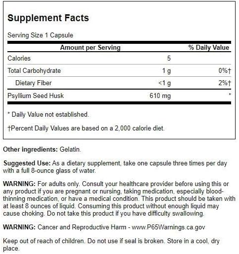 Swanson Psyllium Husk Dietary Fiber Supplement 610 mg 300 Capsules