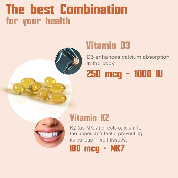 Vitamin D3 10,000 IU + K2 (MK7) Supplement, 2-in-1 Formula, Immune Support, a Healthy Mood, Heart, Joint, Teeth, Bone Health, Calcium Absorption, 180 softgels. (2)