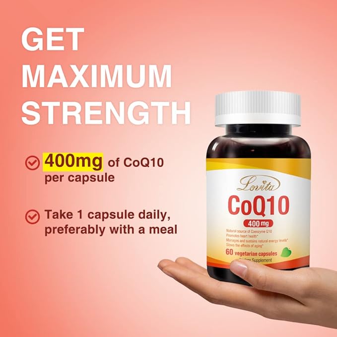 Lovita CoQ10 400mg Supplements | Easliy Absorbed Coenzyme Q10 Powder | Antioxidant Co Q10 Enzyme | Support Heart Health | Vegan | 60 Capsules