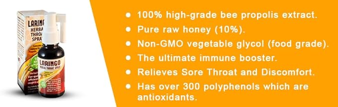 Laringo Throat Spray - Contains Pure 99% Raw Bee Propolis Extract - 100% Natural Throat Remedy for Adults and Children - Gluten Free, Quick Relief. Kosher - 1 FL Oz