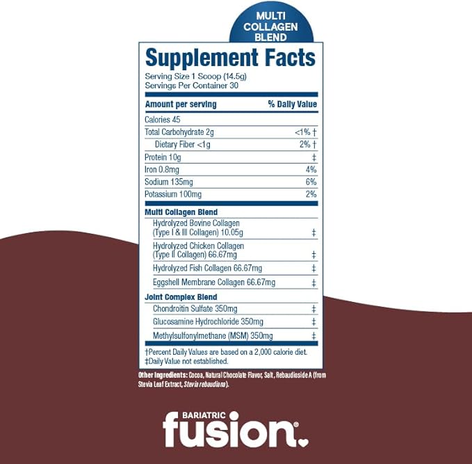 Bariatric Fusion Chocolate Multi Collagen Protein Powder | Hydrolyzed Collagen Peptides Powder Plus Joint Support Complex of MSM and Glucosamine | Type 2 | Dairy, Gluten & Soy Free | 30 Servings