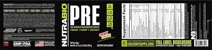 NutraBio PRE Workout Powder - Old Formula- Sustained Energy, Mental Focus, Endurance - Beta Alanine, Creatine, Caffeine, Electrolytes - 20 Servings - Cherry Limeade