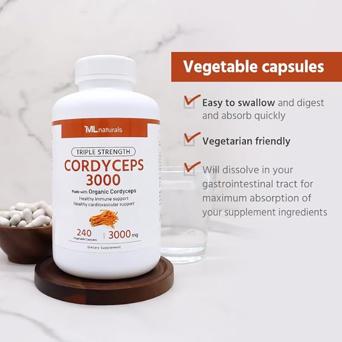 ML Naturals Triple Strength Cordyceps 3000 Made with Organic Cordyceps, 240 Vegetable Capsules. Healthy Immune Support & Cardiovascular Support. Non-GMO