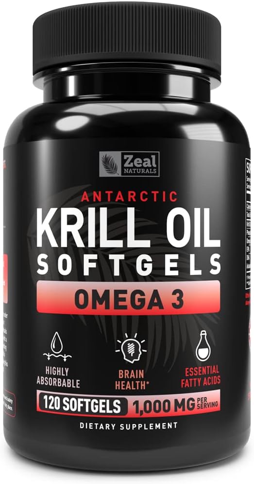 Antarctic Krill Oil 1000mg (120 Softgels) Omega 3 Krill Oil Supplement with EPA, DHA & Astaxanthin - Omega 3 Fish Oil for Joint, Brain, and, Heart Support for Men and Women