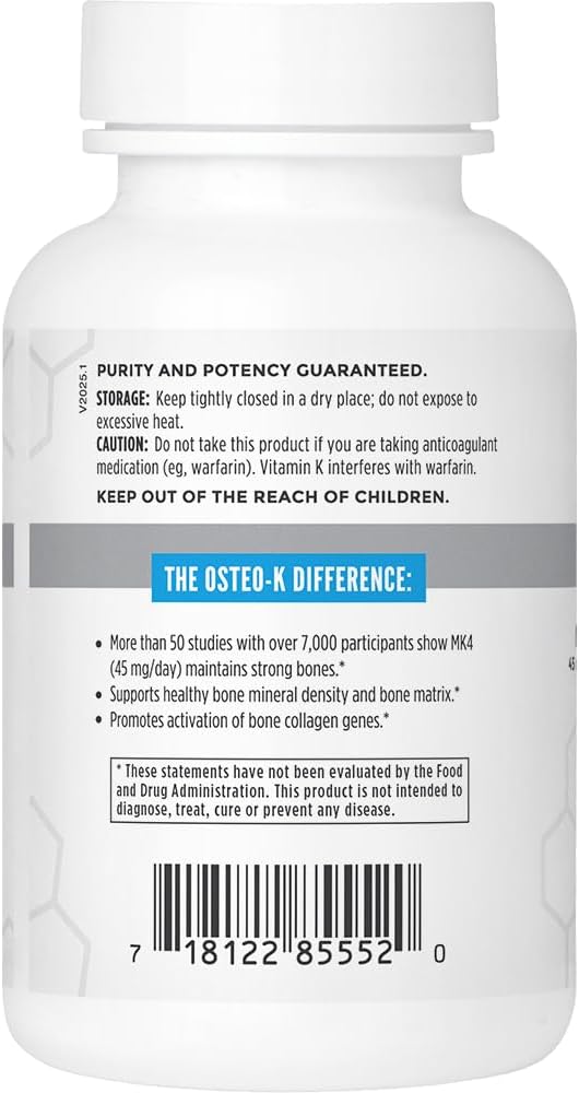 Osteo-K Bone Support | Vitamin D & K Complex with Calcium Citrate Supplement | 45mg Vitamin K2 (MK4) for Strong Bone Health & Function | 180ct Veggie Capsules