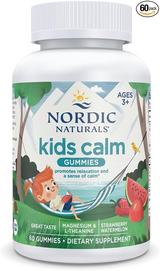 Nordic Naturals Kids Calm Gummies - Strawberry Watermelon - 60 Gummies - Magnesium L-Theanine Supplement - Calming for Kids - Relaxation Support - Up to 60 Servings