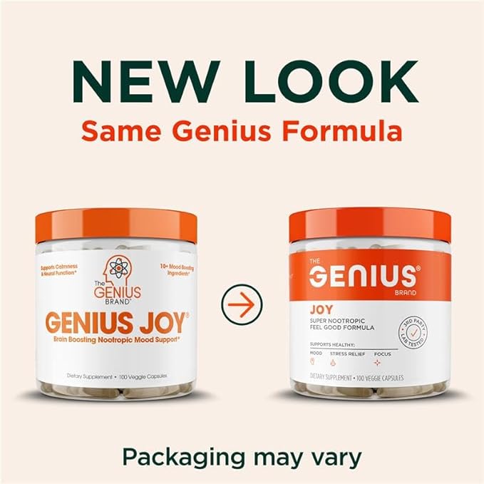 Genius Joy, Nootropic Mood Enhancer Supplement - Support Cognitive Health, Enhance Mood & Neural Function with Brain Boosting L-Theanine, Panax Ginseng & SAM-e - Organic, Non-GMO, & Gluten-Free