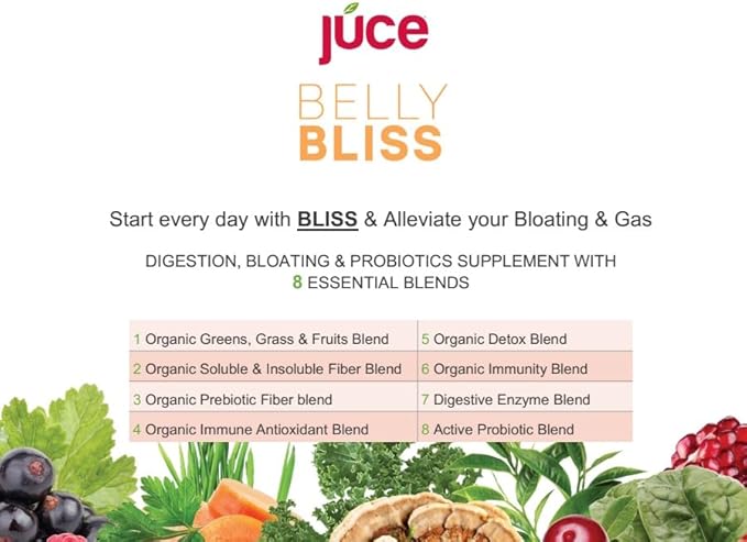 Júce Belly Bliss, Peachy Greens, 30 servings, Probiotics + Greens, Bloating Support with Plant-Based Digestive Enzymes, Dietary Supplement Powder - By Terra Kai Organics