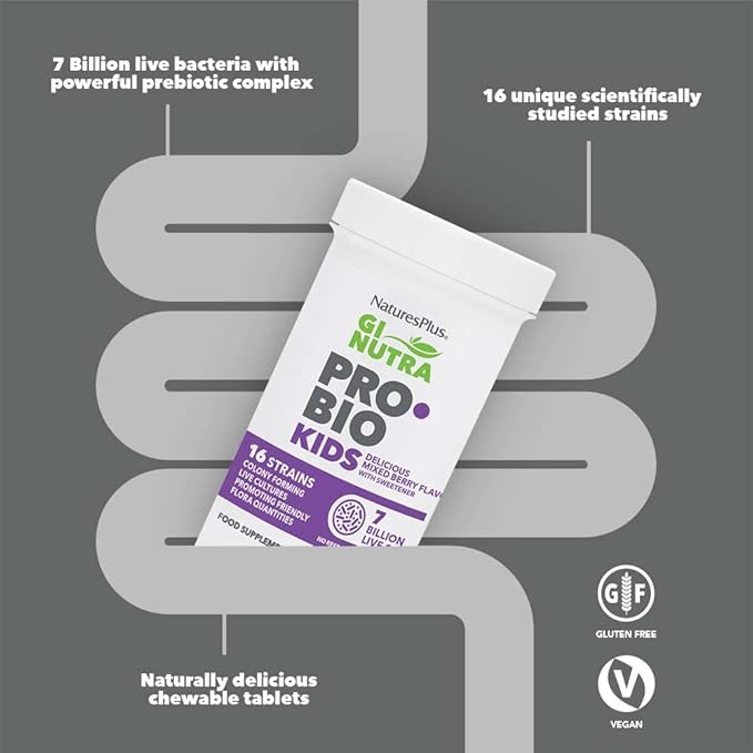 Natures Plus GI Natural Probiotic Kids, Mixed Berry - 30 Chewables - Digestive & Immune Health Just for Kids - Gluten Free - 30 Servings