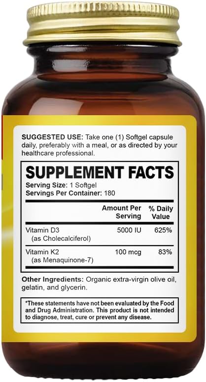 Vitamin D3 + K2 5000 IU - Liposomal Technology for Enhanced Absorption - MK-7 Vitamin K2 100mcg - Supports Bone & Calcium Metabolism - D3K2 Supplement for Men & Women - 180 Softgels