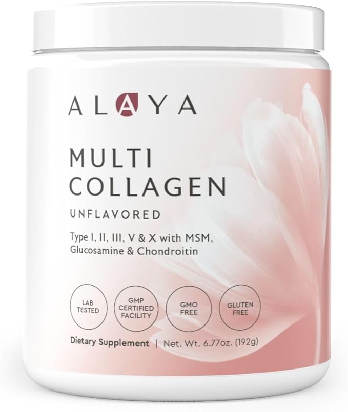 Alaya Multi Collagen Powder - Supports Hair, Skin, Nails & Bone Health for Women and Men - 5 Types Hydrolyzed Collagen Peptides Protein Powder Supplement with MSM + Glucosamine (20 Serving)
