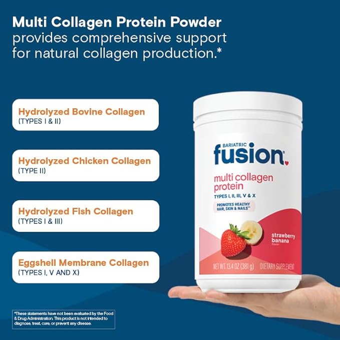 Bariatric Fusion Strawberry Banana Multi Collagen Protein Powder | Plus Joint Support Complex of MSM and Glucosamine | Dairy, Gluten & Soy Free | Non-GMO | 30 Servings
