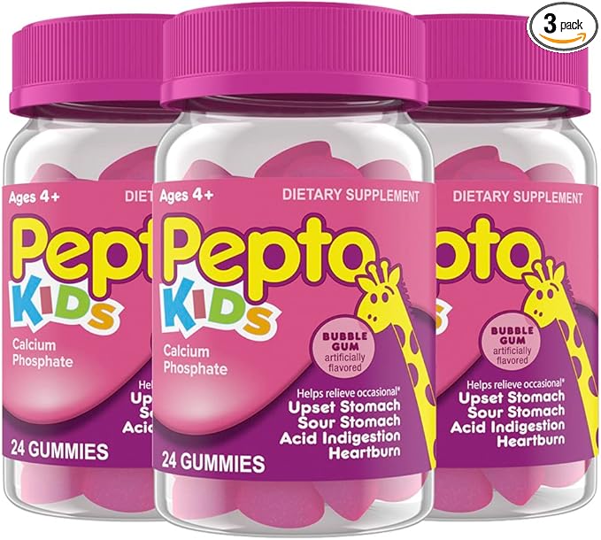 Pepto Kids Gummies, Helps Relieve Occasional Upset Stomach, Acid Indigestion, Sour Stomach and Heartburn, 72 Total (3 Packs of 24)