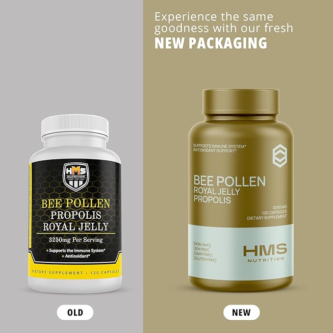 Premium Bee Pollen Daily Dietary Supplement - Includes Propolis & Royal Jelly - 3250mg Non-GMO, 120 Vegetarian Capsules - 30 Day Supply