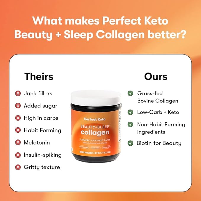 Perfect Keto Beauty + Sleep Grass Fed Collagen Peptides Protein Powder with Ashwagandha, Magnesium, Biotin, Hyaluronic Acid, L Theanine, Hair, Skin, Nails & Relaxation Support, Turmeric Coconut Latte