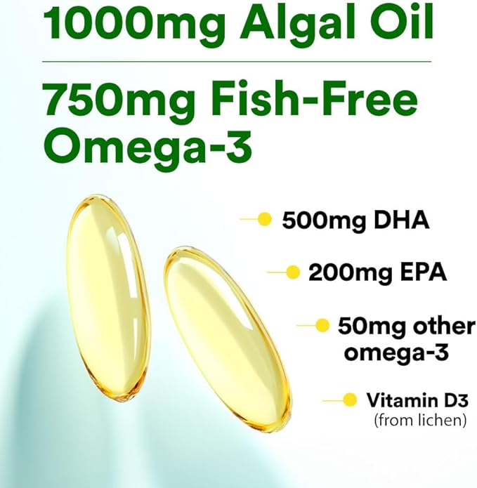 LABO Nutrition Vegan Omega 3 Algae Oil - Plant Based Fish Oil Alternative 750mg Omega-3 500mg DHA & 200mg EPA - Non-GMO & IAOS Certified - Heart, Brain, Eye, Immune, Joint Support 120 Softgels