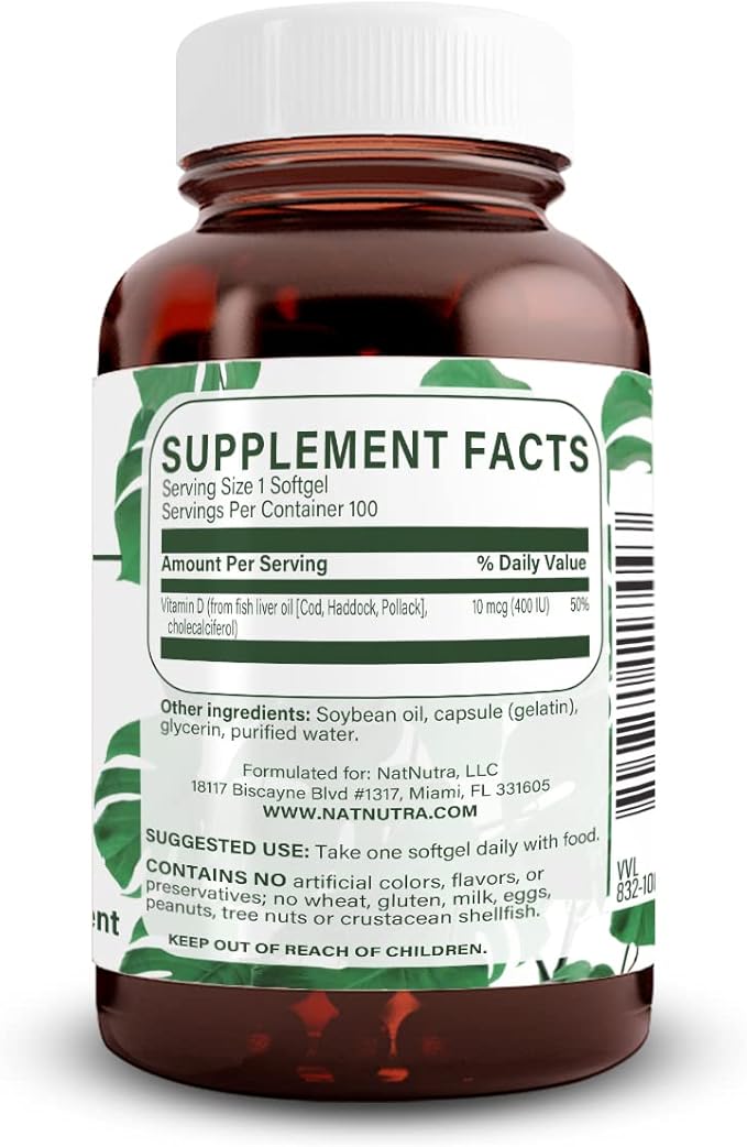 Natural Nutra Supreme Vitamin D3 400 IU Softgels, Helps Boost Immune, Support Lungs Health, Sunshine Vitamin, Helps Improve Cardiovascular Health, Bone and Teeth Strength, Gluten-Free, 100 Softgels