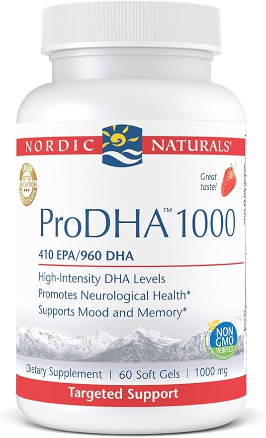 Nordic Naturals ProDHA 1000, Strawberry - 60 Soft Gels - 1660 mg Omega-3 - High-Intensity DHA Formula for Neurological Health, Mood & Memory - Non-GMO - 30 Servings