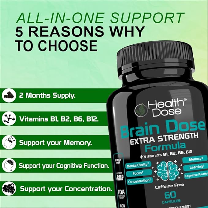 Brain Dose Premium Nootropics - Caffeine-Free Extra Strength Formula for Men & Women - Supports Brain Health, Cognitive Focus & Memory Retention, Pack of 3.