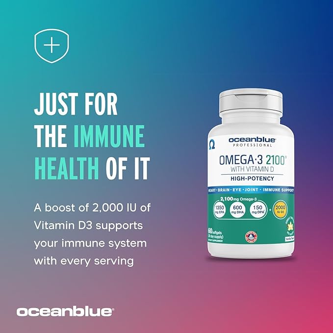 Oceanblue Professional Omega-3 2100 with Vitamin D3 – 120 ct - 2pack – Triple Strength Burpless Fish Oil Supplement with High-Potency EPA, DHA, DPA and Vitamin D3 – Wild-Caught – Orange Flavor