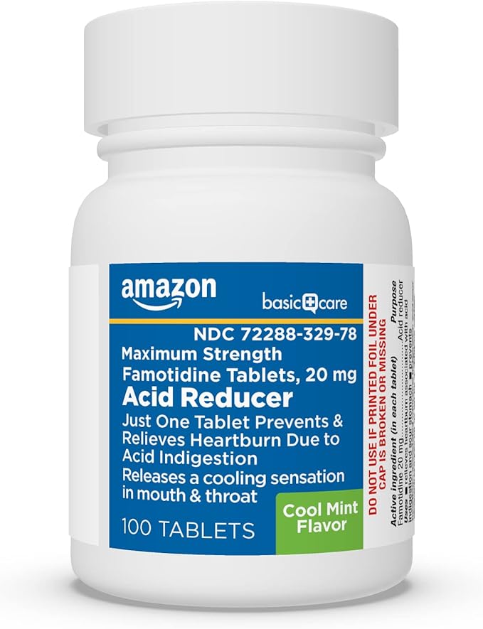 Amazon Basic Care Famotidine 20mg Cool Mint Tablets, 100 Count, White